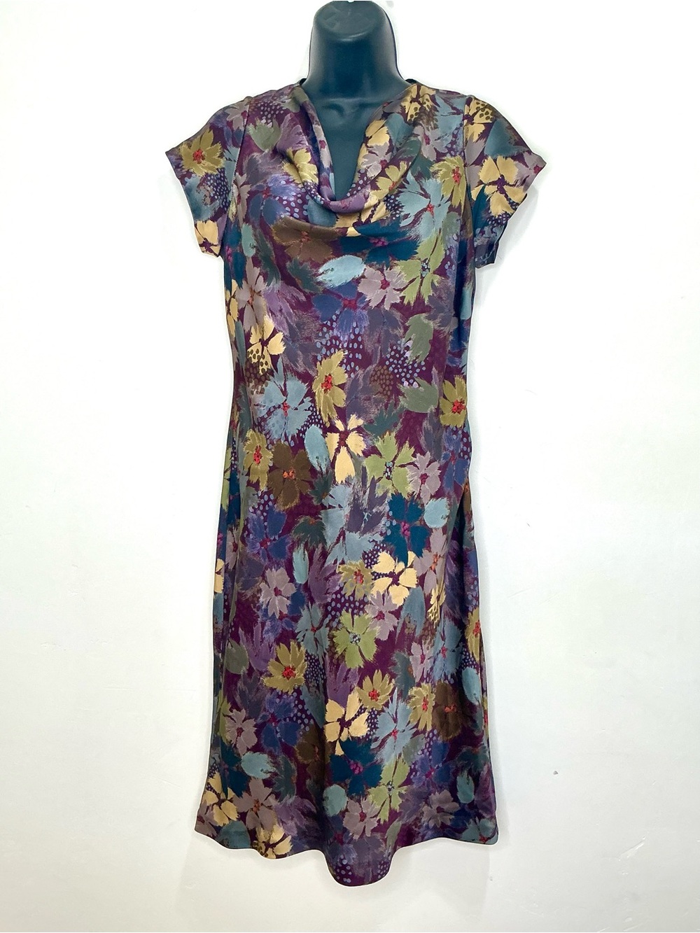 Brooks Brothers 100% Silk Floral Dress Eggplant color Cowl Neck Short Sleeve Sz8